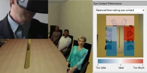 Image from a user recording of using Virtual Orator. A view of the user in an HMD is overlayed over the scene. On the right is feedback provided in the interface of eye contact performance.