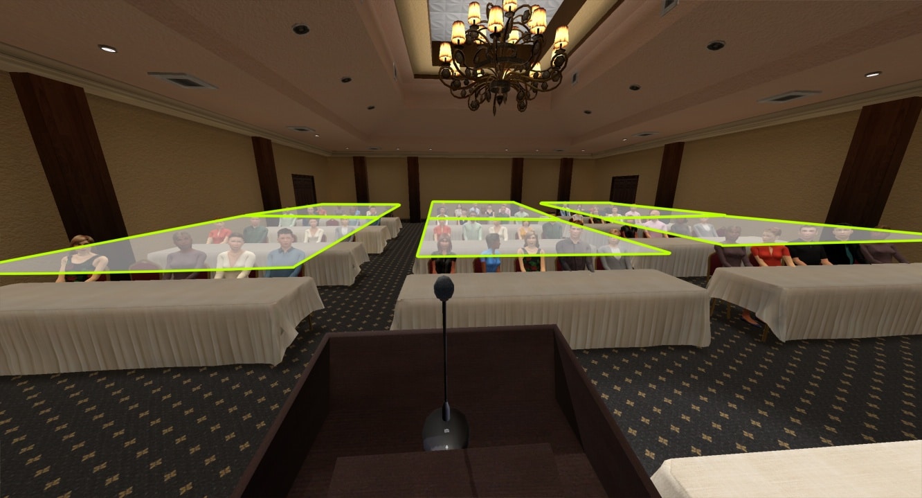 A large hotel meeting room is set up with tables and two ailes. Zones are shown following the sections and dividing them in half.