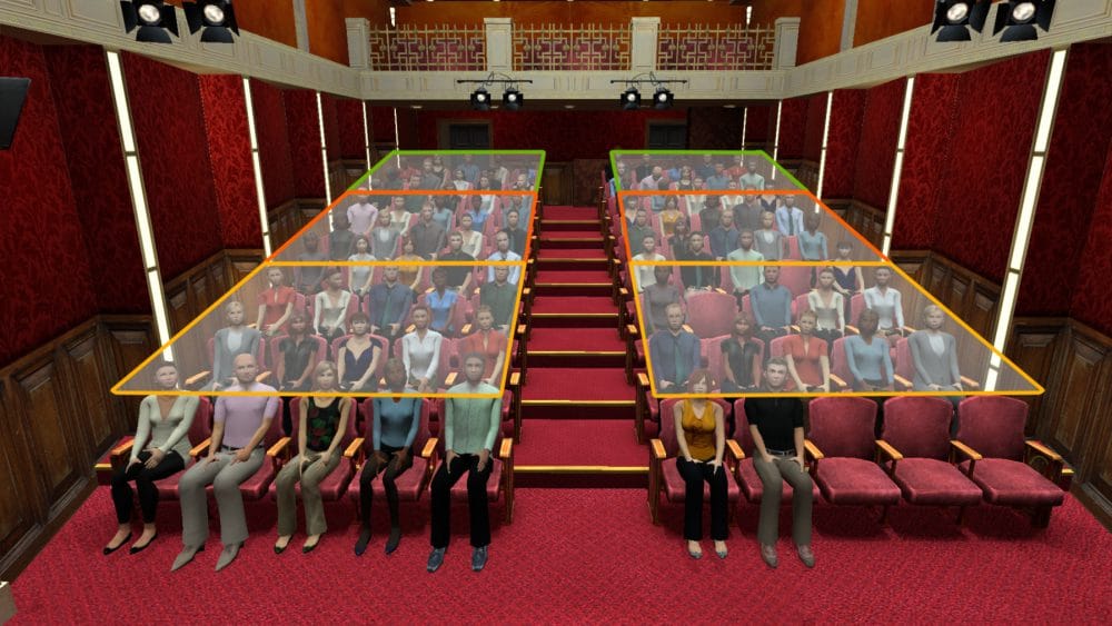 A small theater is divided into 6 zones for engaging with eye contact, by dividing each section into 3.