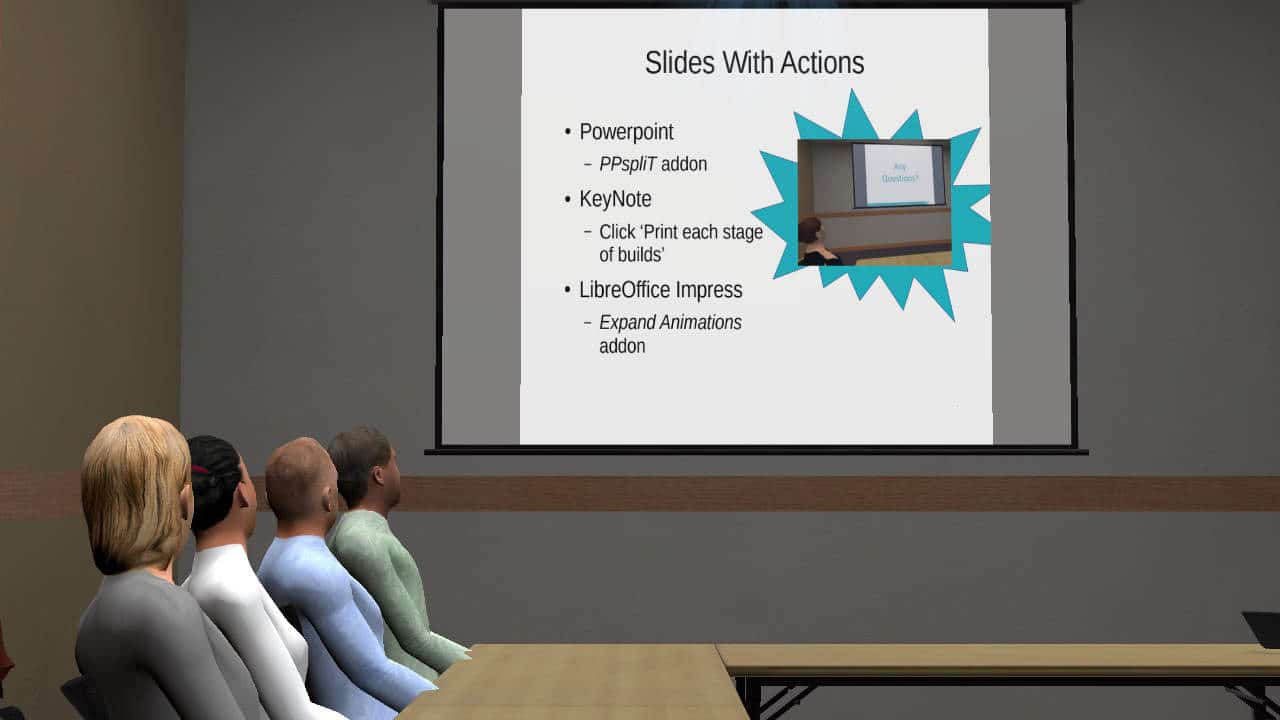 A presentation in Virtual Orator about how to export slides to pdf with interactions included. Slide illustrates an image appearing on the slide.
