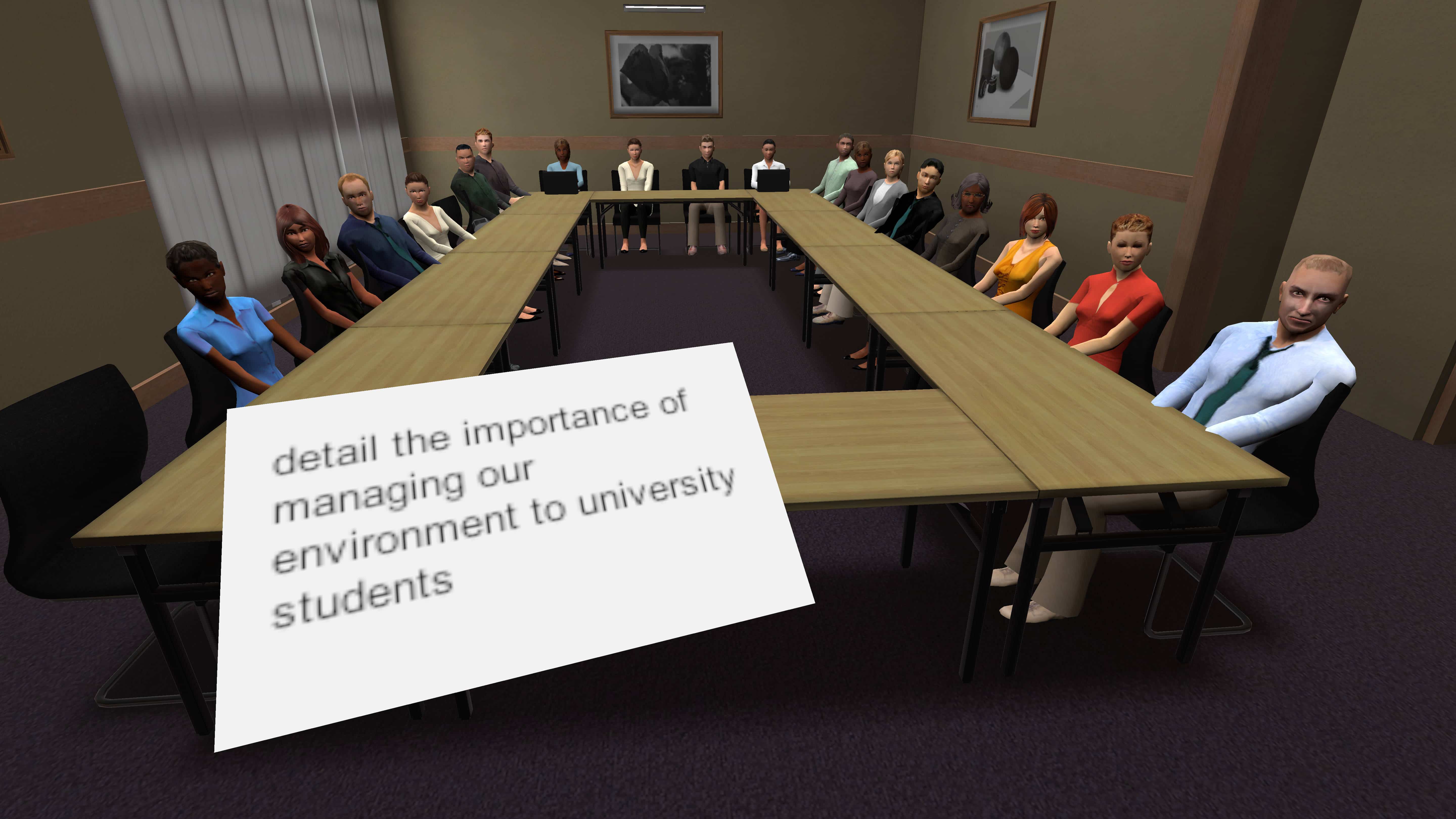 A meeting room with 18 people is seen. A notecard with the impromptu topic "detail the importance of managing our environment to university students" is seen in the foreground.