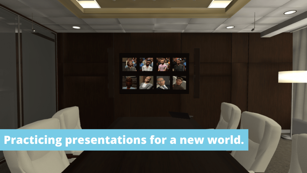 A remote presentation is shown on a screen in an executive meeting room. A title says "Practicing presentation for a new world."