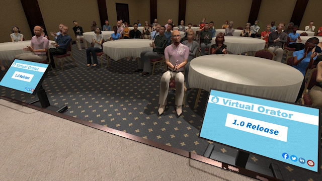 Audience clapping to the announcement of Virtual Orator release 1.0, in Virtual Orator.